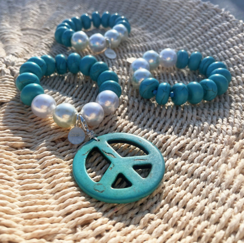 Large Turquoise and Pearl 3 Bracelet Set with Large Peace Charm
