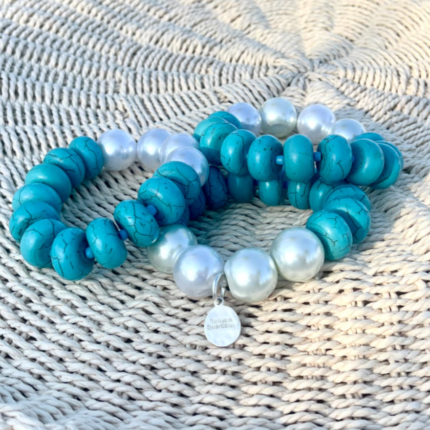 Large Turquoise and Pearl 3 Bracelet Set