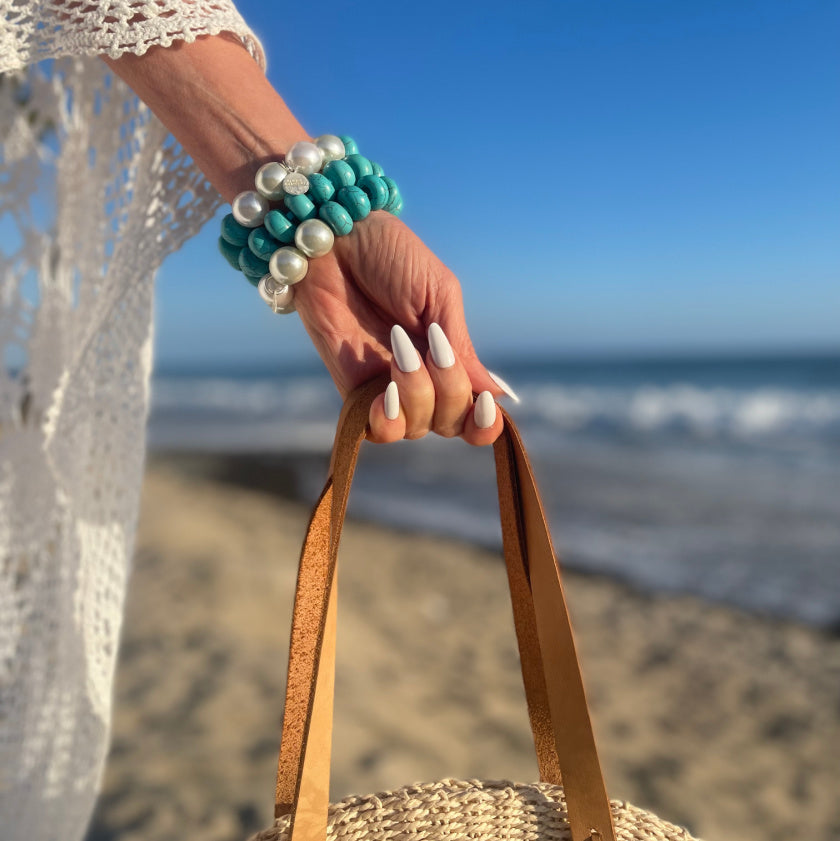 Large Turquoise and Pearl 3 Bracelet Set
