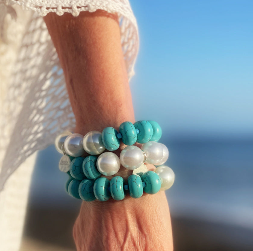 Large Turquoise and Pearl 3 Bracelet Set