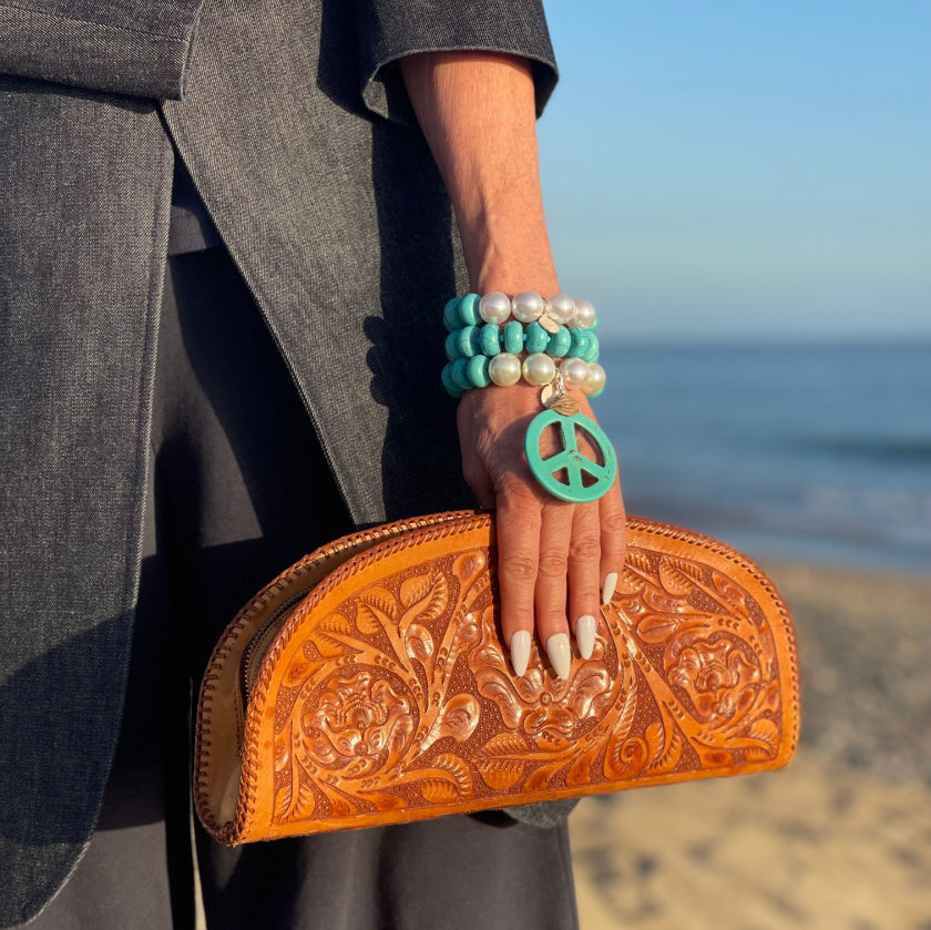 Large Turquoise and Pearl 3 Bracelet Set with Large Peace Charm