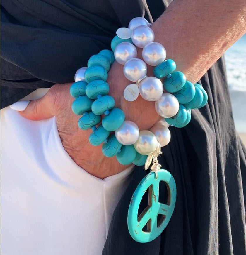 Large Turquoise and Pearl 3 Bracelet Set with Large Peace Charm
