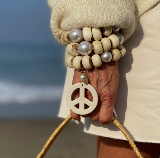 Protect Your Peace - Bone Bead and Pearl 3 Bracelet Set with Removable Howlite Peace Sign Charm