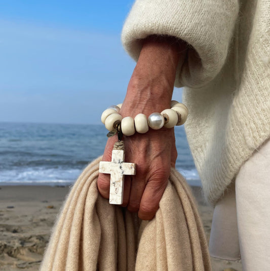 Bone Bead and Pearl Bracelet with Removable Howlite Cross Charm