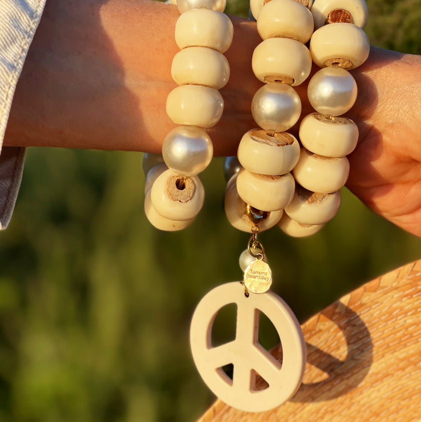 Bone Bead and Pearl 3 Bracelet Set with Removable Howlite Peace Sign Charm