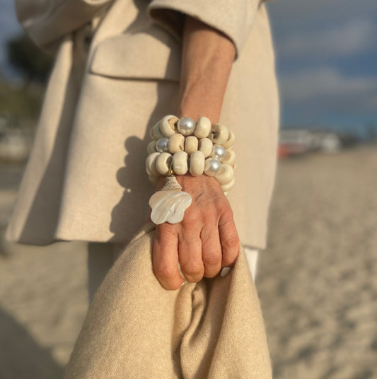 Bone Bead Bracelet Set with Removable Shell  Flower Charm