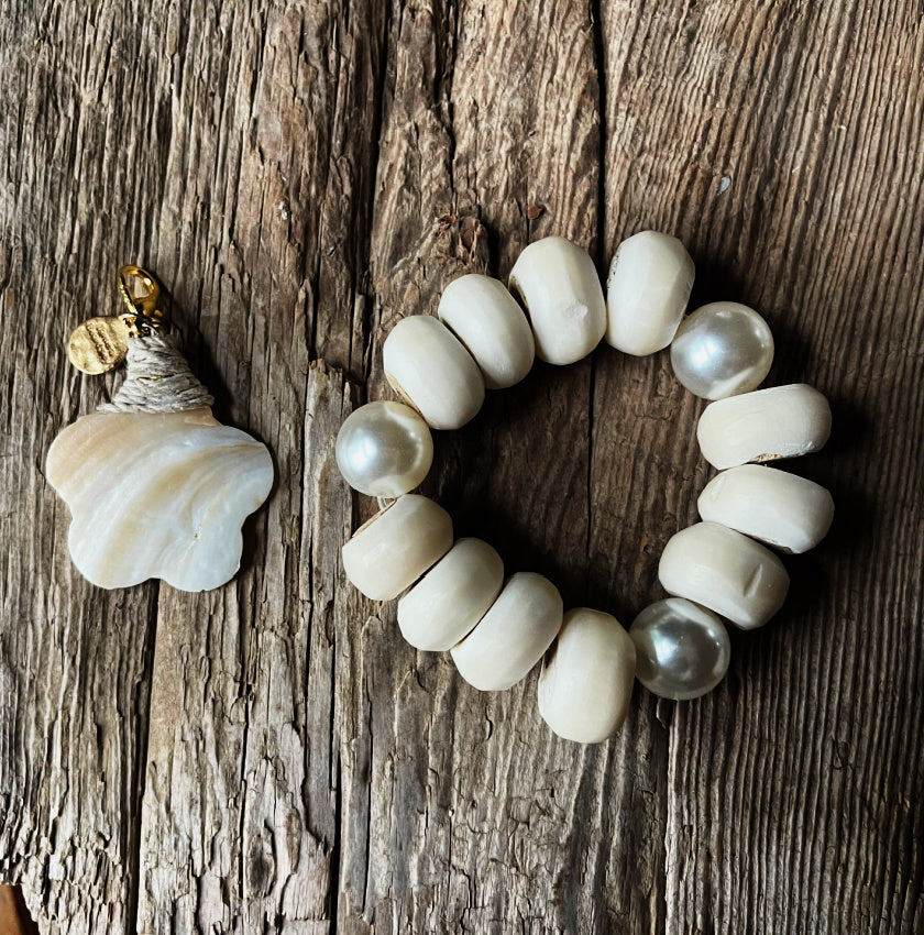 Bone and Pearl Bracelet with Removable Shell Flower Charm