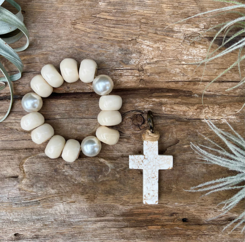 Bone Bead and Pearl Bracelet with Removable Howlite Cross Charm