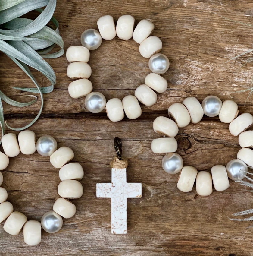 Bone Bead and Pearl 3 Bracelet Set with Removable  Howlite Cross Charm