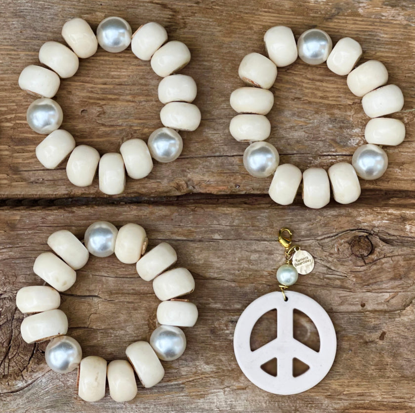 Protect Your Peace - Bone Bead and Pearl 3 Bracelet Set with Removable Howlite Peace Sign Charm