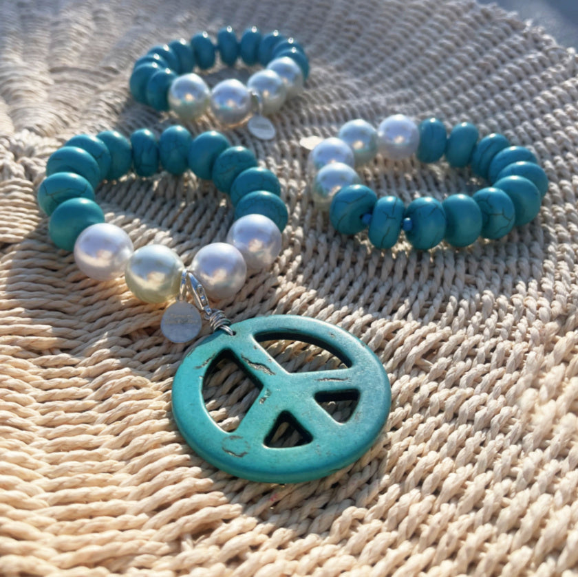 Large Turquoise and Pearl 3 Bracelet Set with Large  Peace Charm