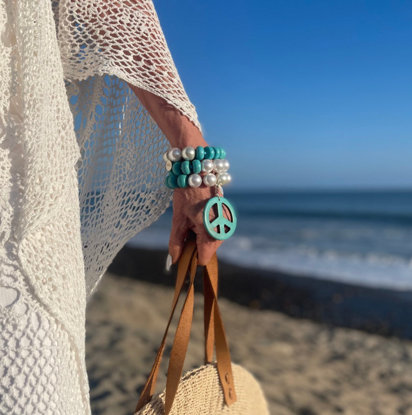 Large Turquoise and Pearl 3 Bracelet Set with Large  Peace Charm