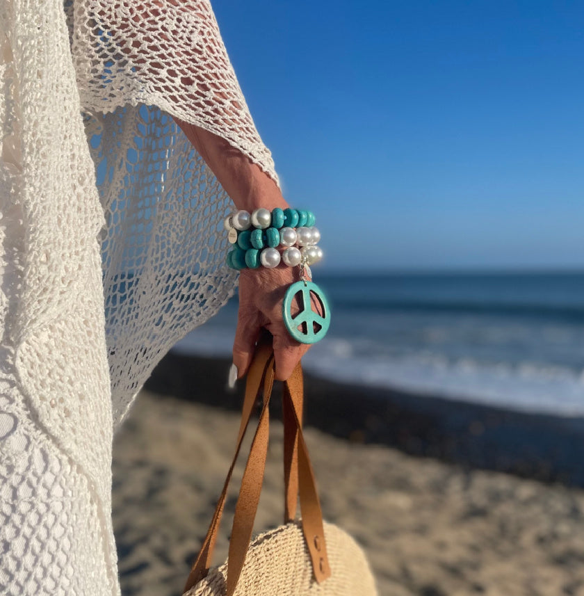 Large Turquoise  and Pearl Bracelet with Large Peace Charm