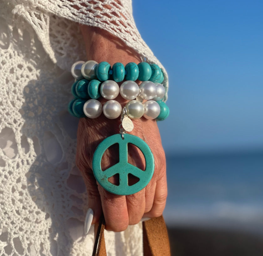 Large Turquoise and Pearl 3 Bracelet Set with Large  Peace Charm