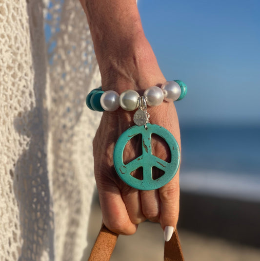 Large Turquoise  and Pearl Bracelet with Large Peace Charm
