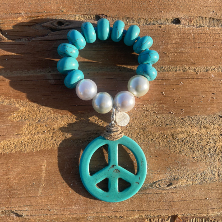 Large Turquoise  and Pearl Bracelet with Large Peace Charm