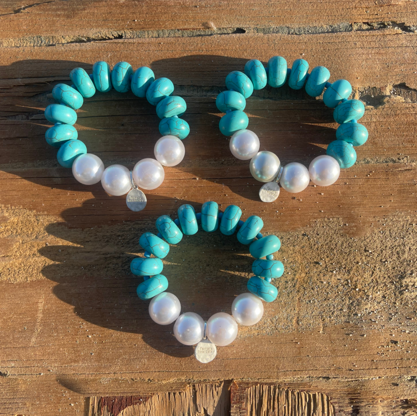 Large Turquoise and Pearl  3 Bracelet Set