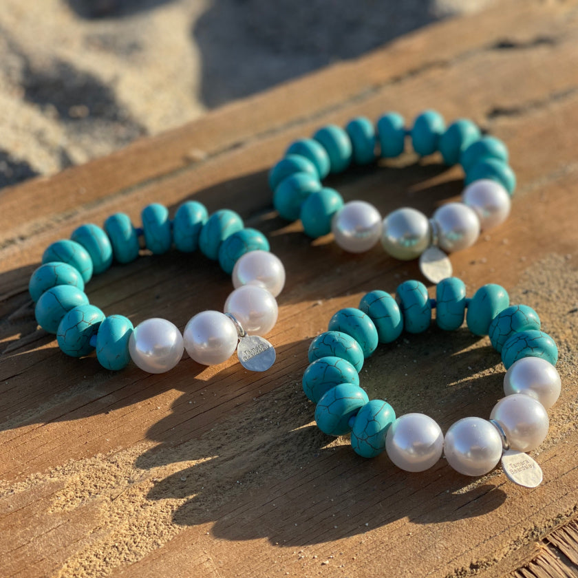 Large Turquoise and Pearl  3 Bracelet Set