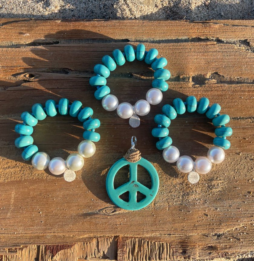 Large Turquoise and Pearl 3 Bracelet Set with Large  Peace Charm