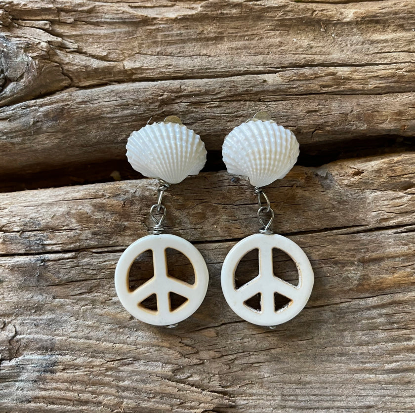 Howlite Peace Sign with Shell Drop Earrings