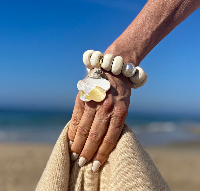 Bone and Pearl Bracelet with Removable Shell Flower Charm