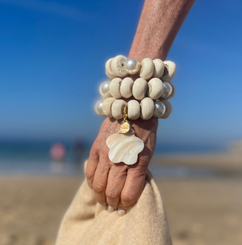 Bone Bead Bracelet Set with Removable Shell  Flower Charm